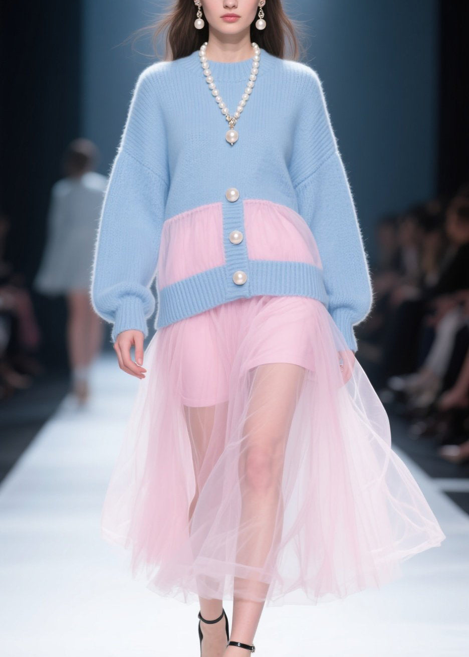 Knit Pearl Button Mock Cardigan Tulle Overlay Midi Dress