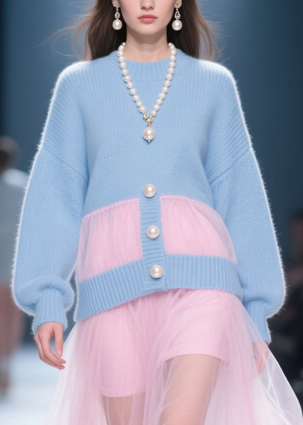 Knit Pearl Button Mock Cardigan Tulle Overlay Midi Dress