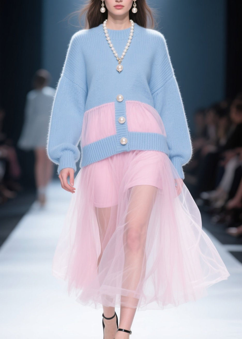 Knit Pearl Button Mock Cardigan Tulle Overlay Midi Dress