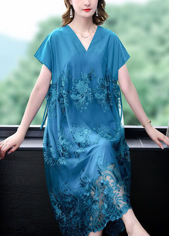 Short Sleeve V-Neck Floral Embroidery Mesh Overlay Tie Waist Midi Dress