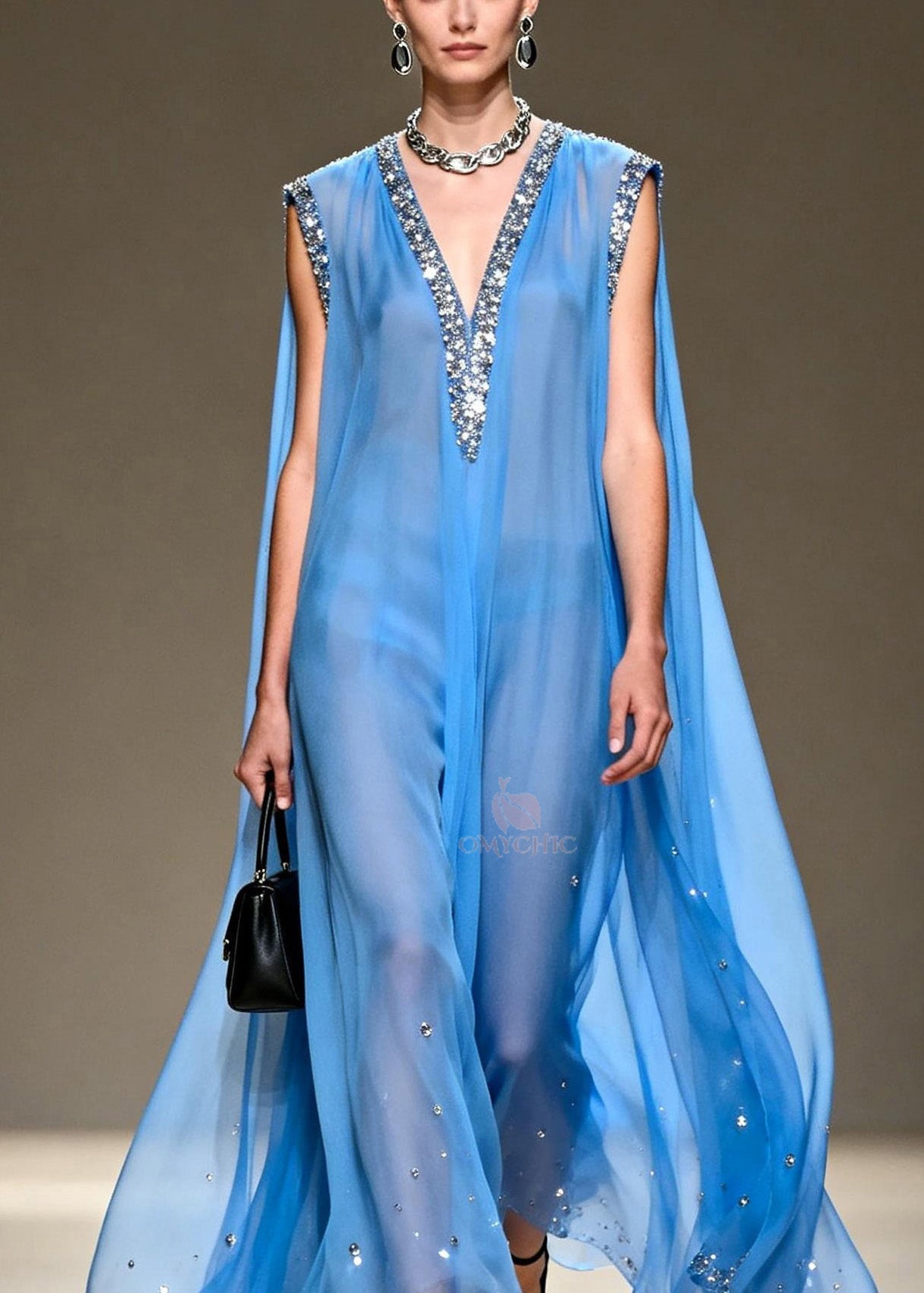 Sequin Trim Deep V-Neck Sleeveless Cape Back Sheer Maxi Gown