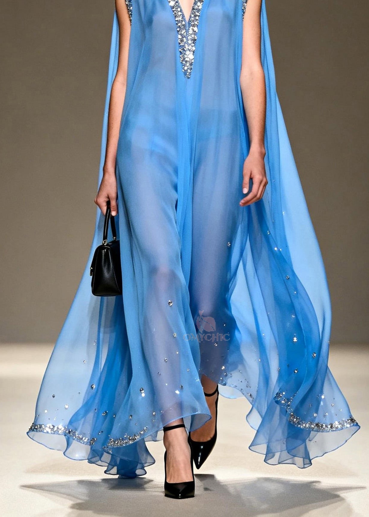 Sequin Trim Deep V-Neck Sleeveless Cape Back Sheer Maxi Gown