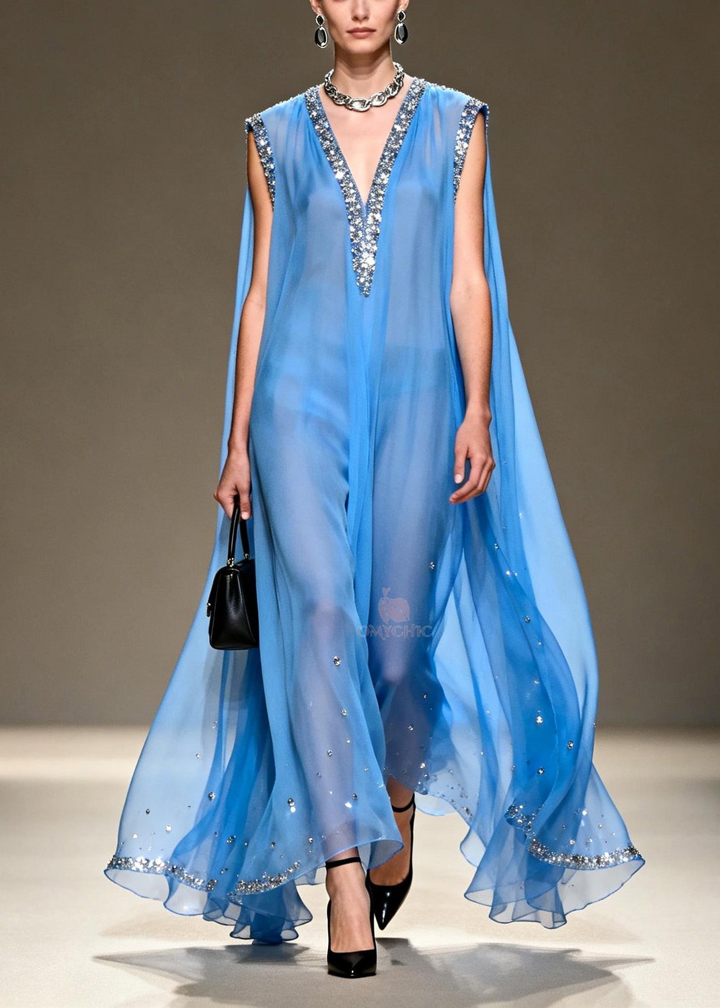 Sequin Trim Deep V-Neck Sleeveless Cape Back Sheer Maxi Gown