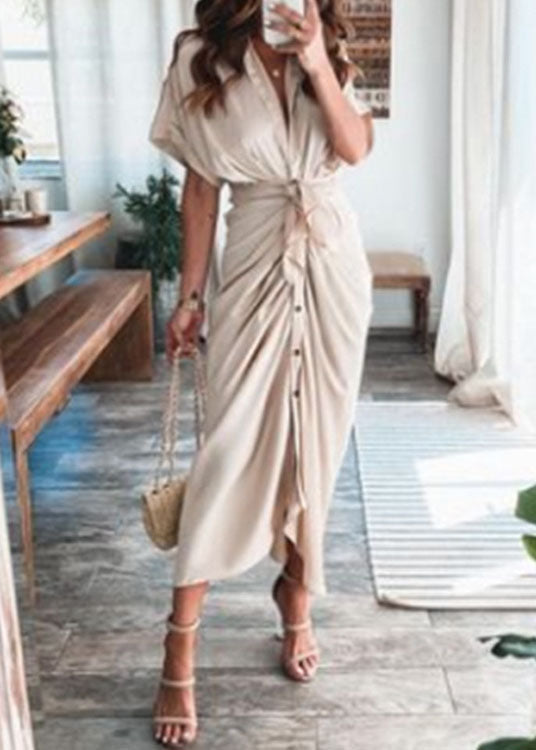 Satin Collar V-Neck Tie Waist Button Front Draped Midi Dress