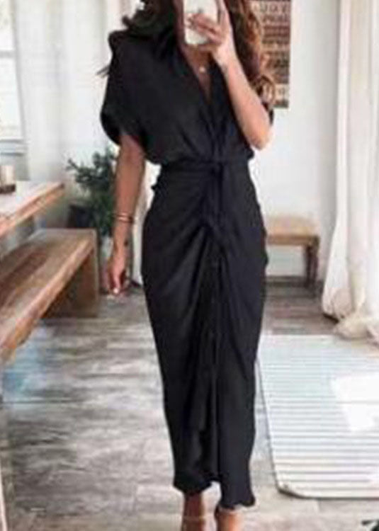 Satin Collar V-Neck Tie Waist Button Front Draped Midi Dress