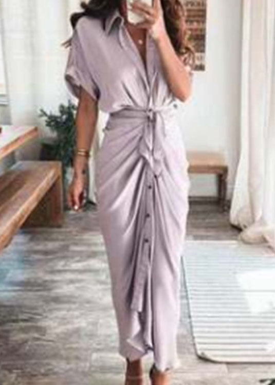 Satin Collar V-Neck Tie Waist Button Front Draped Midi Dress