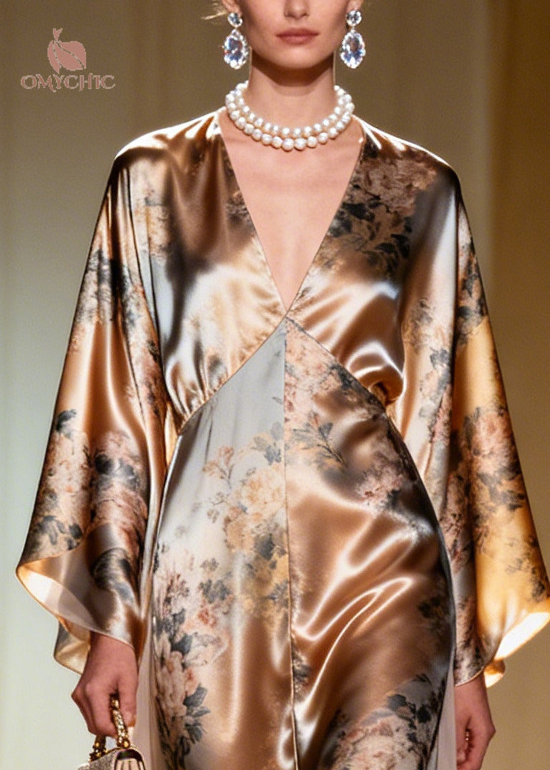 Fashion Champagne Print Tulle Patchwork Silk Maxi Dress Summer - View 2