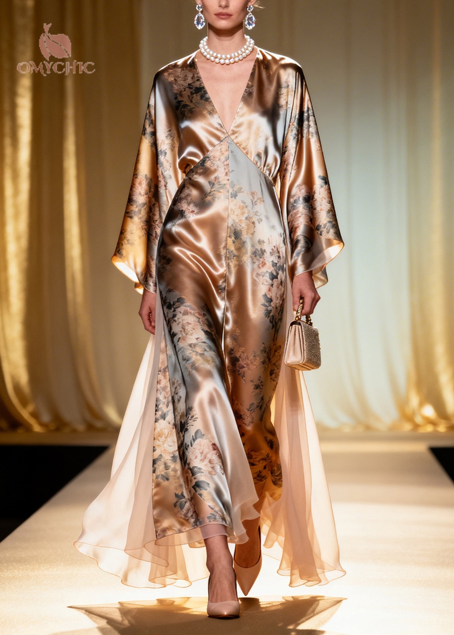 Fashion Champagne Print Tulle Patchwork Silk Maxi Dress Summer - View 3