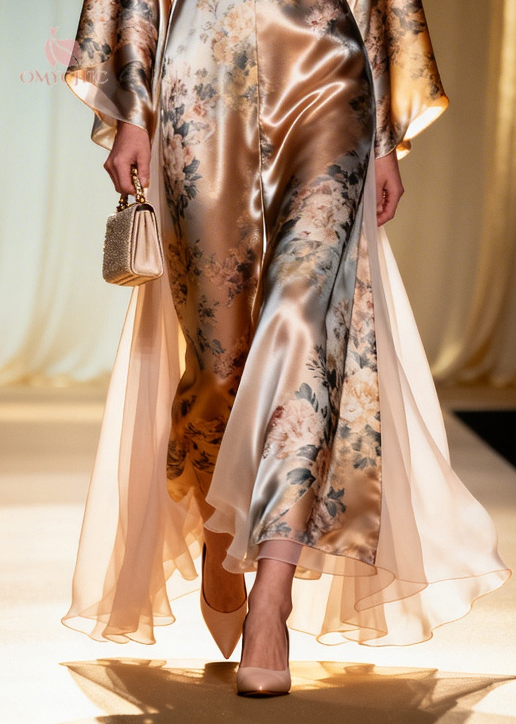 Fashion Champagne Print Tulle Patchwork Silk Maxi Dress Summer - View 4