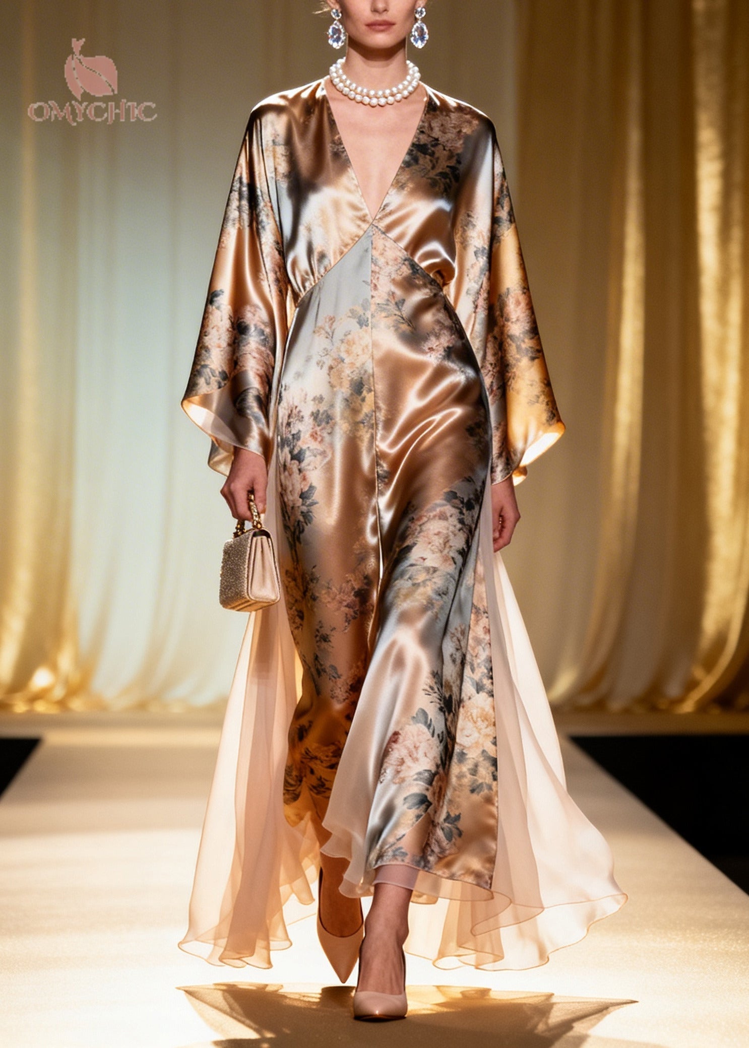 Fashion Champagne Print Tulle Patchwork Silk Maxi Dress Summer - View 5