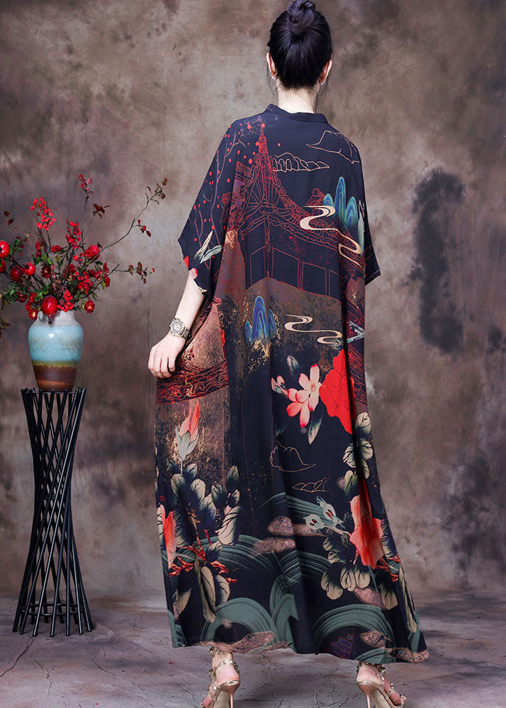Stand Collar Batwing Sleeve Button Front Chiffon Maxi Dress