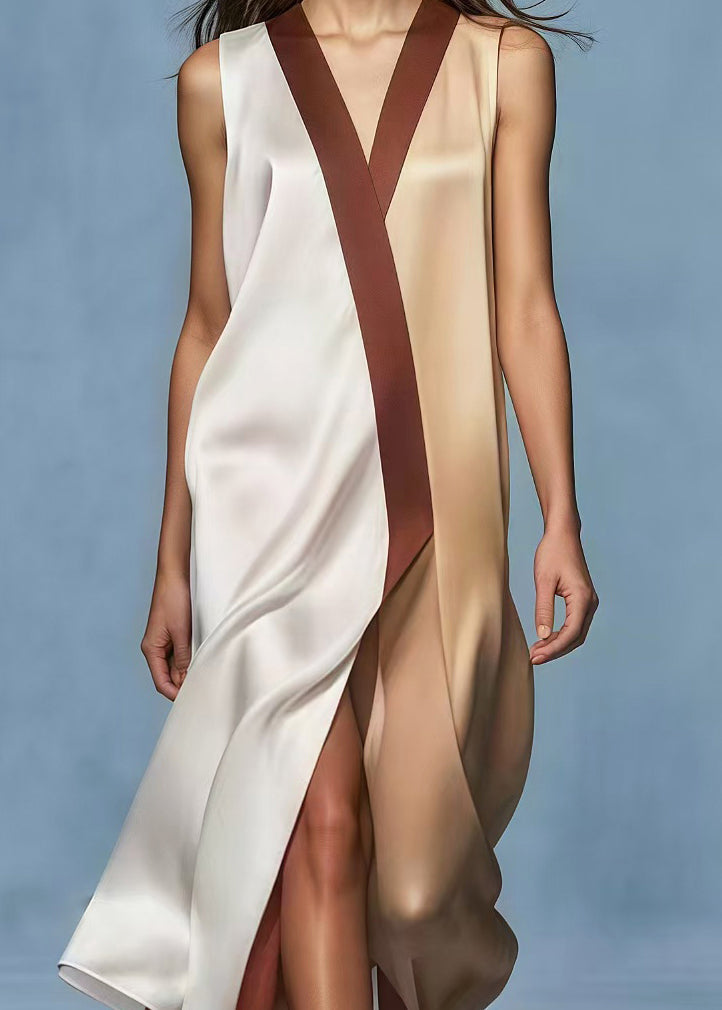 Satin Sleeveless Deep V-Neck Overlap Panel Wrap High Split Maxi Dress