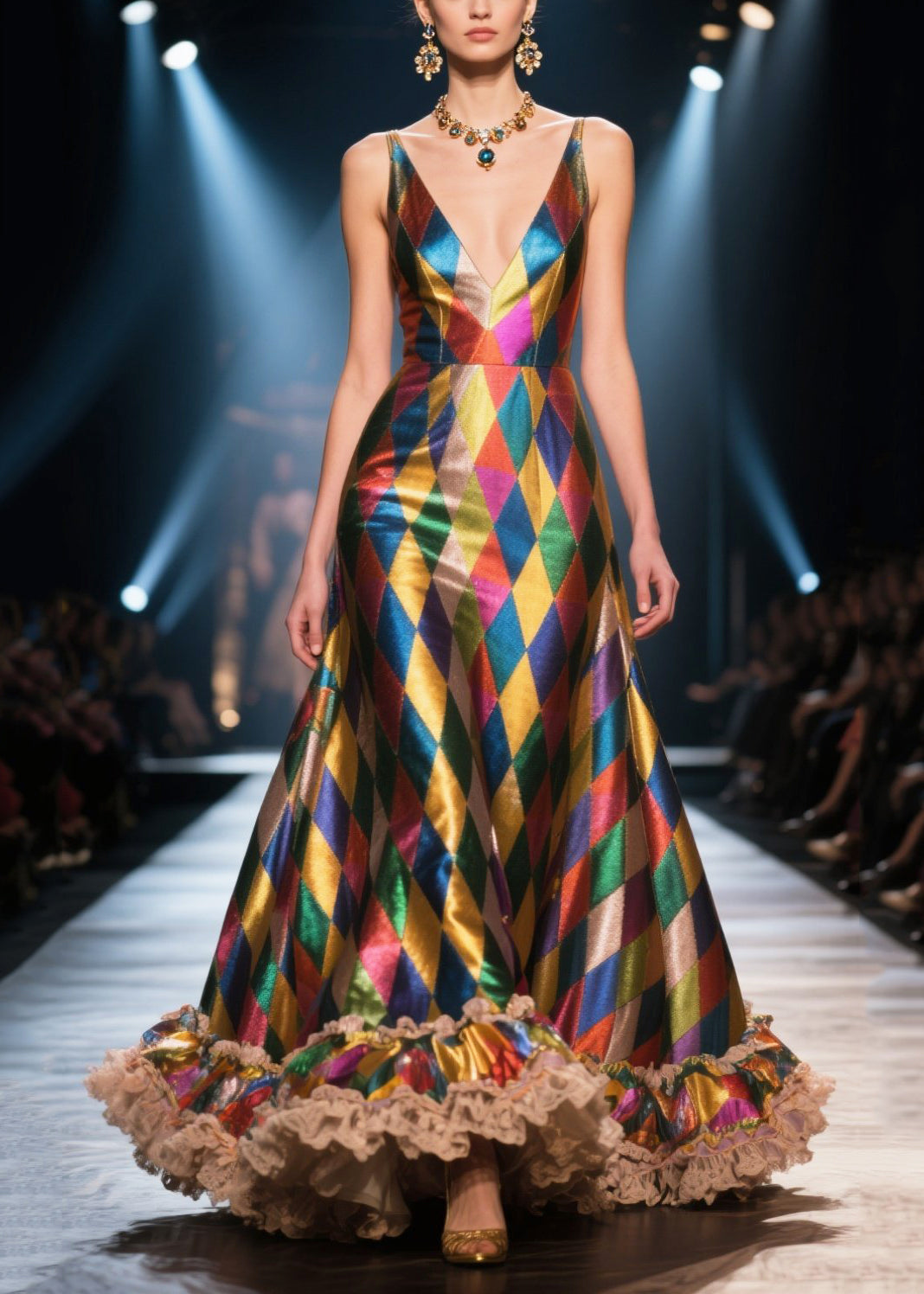 Metallic Harlequin Print Deep V-Neck Spaghetti Strap Ruffle Hem Lace Trim Maxi Gown