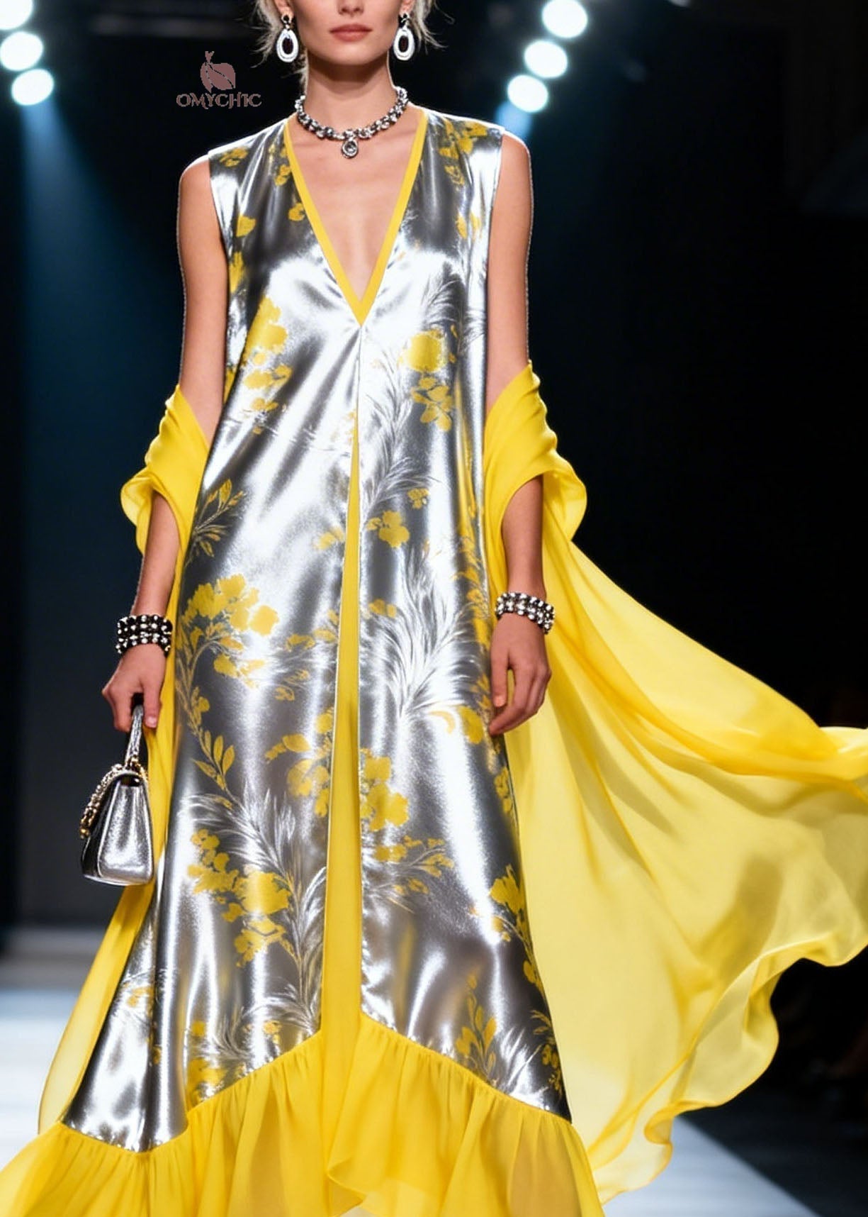 Metallic Floral Print Deep V-Neck Sleeveless Sheer Cape Ruffle Hem Maxi Gown
