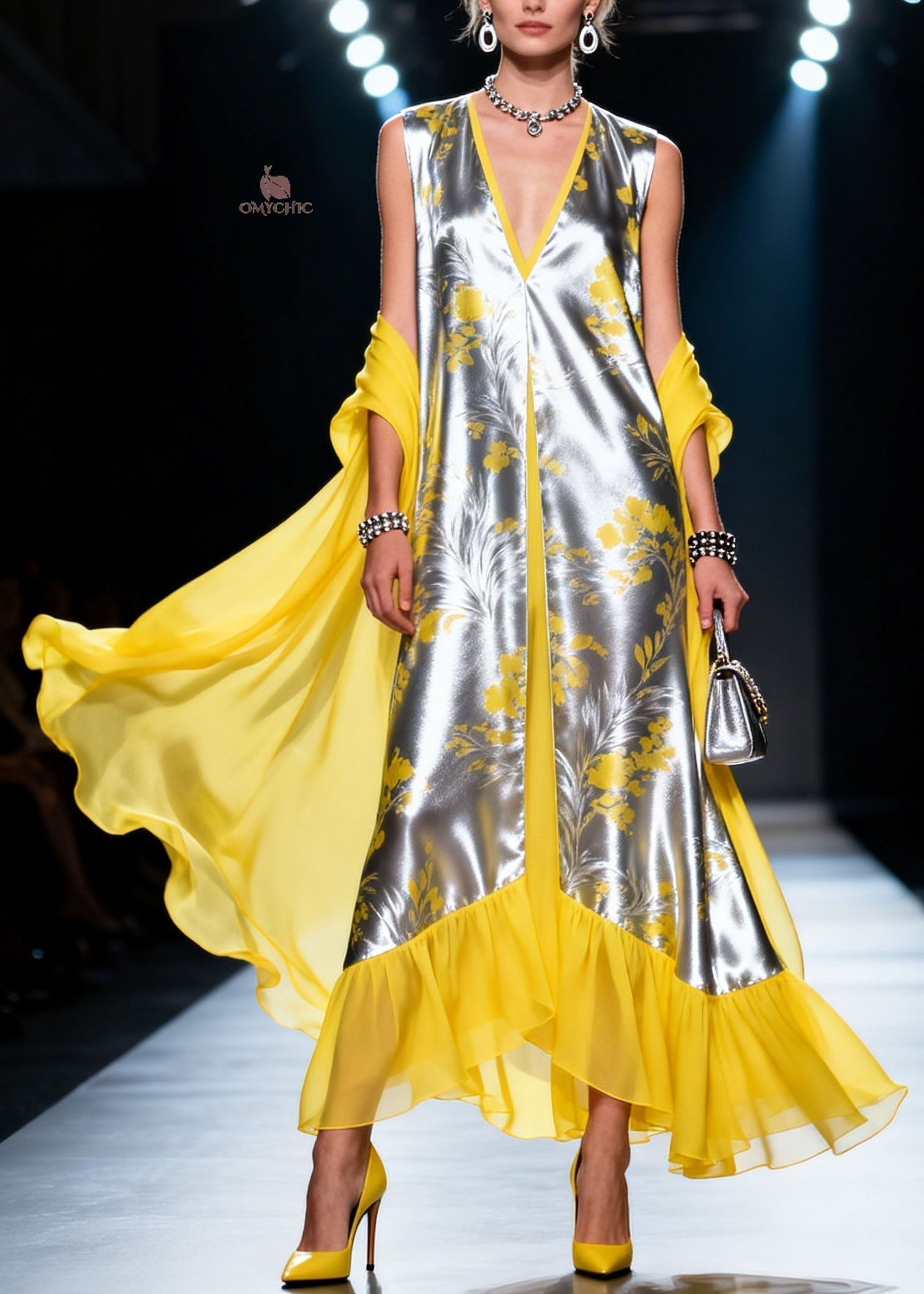 Metallic Floral Print Deep V-Neck Sleeveless Sheer Cape Ruffle Hem Maxi Gown
