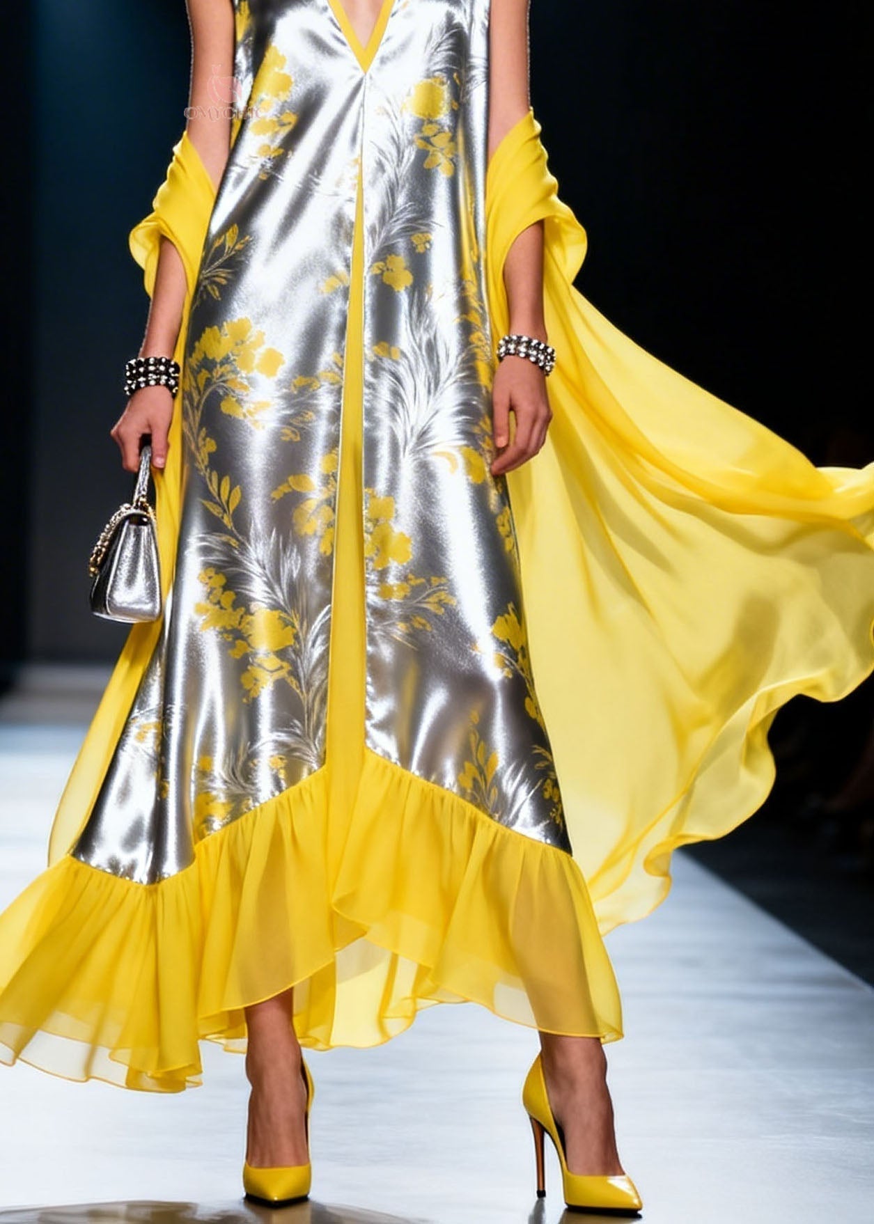 Metallic Floral Print Deep V-Neck Sleeveless Sheer Cape Ruffle Hem Maxi Gown