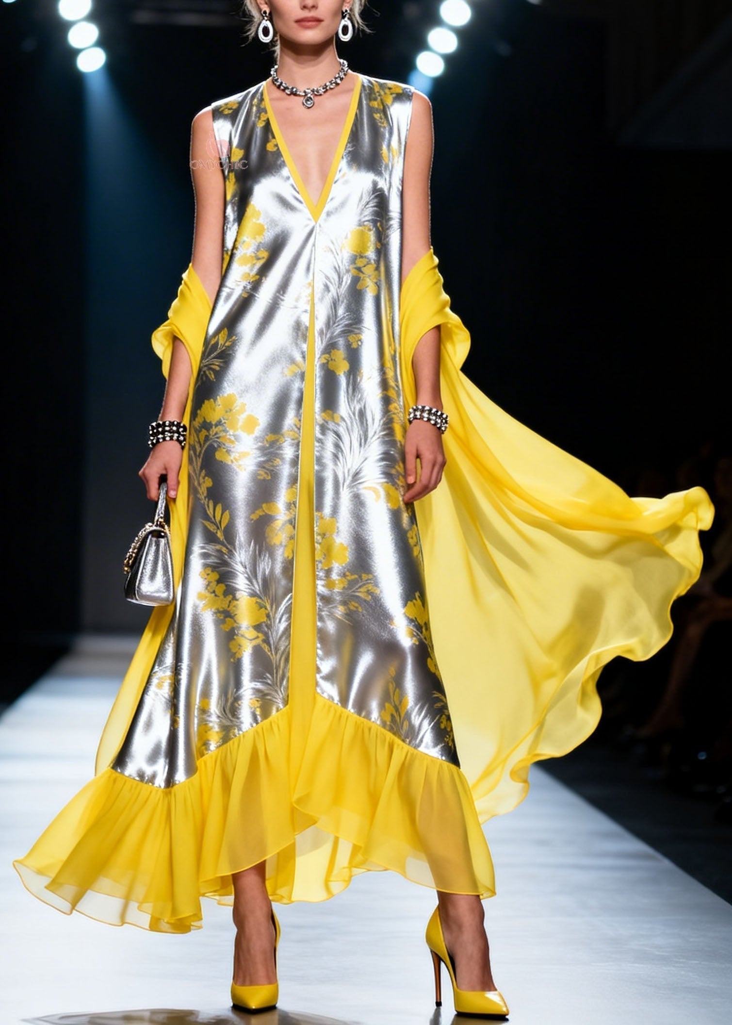 Metallic Floral Print Deep V-Neck Sleeveless Sheer Cape Ruffle Hem Maxi Gown