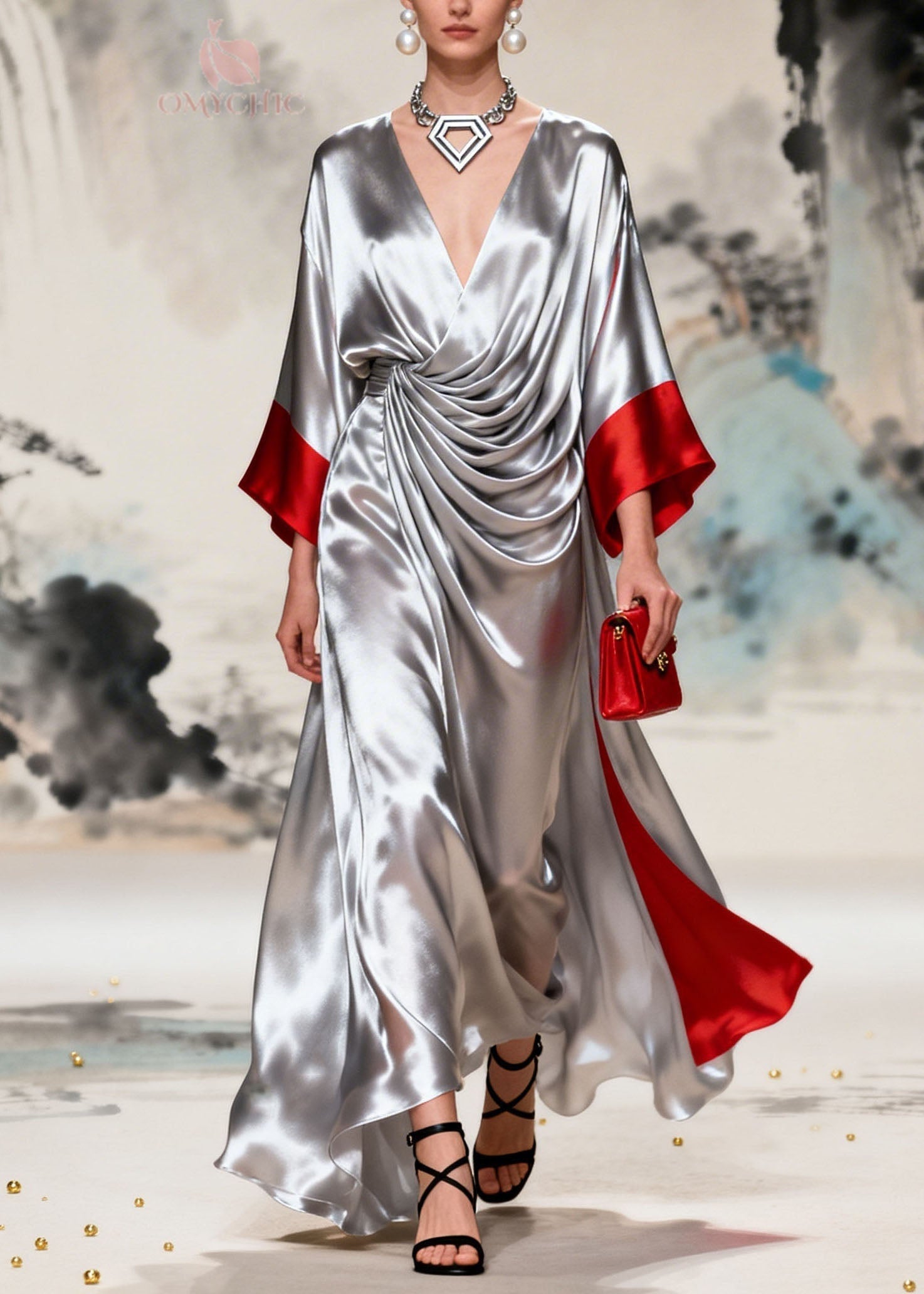Satin Deep V-Neck Kimono Sleeve Twist Knot High Low Maxi Gown