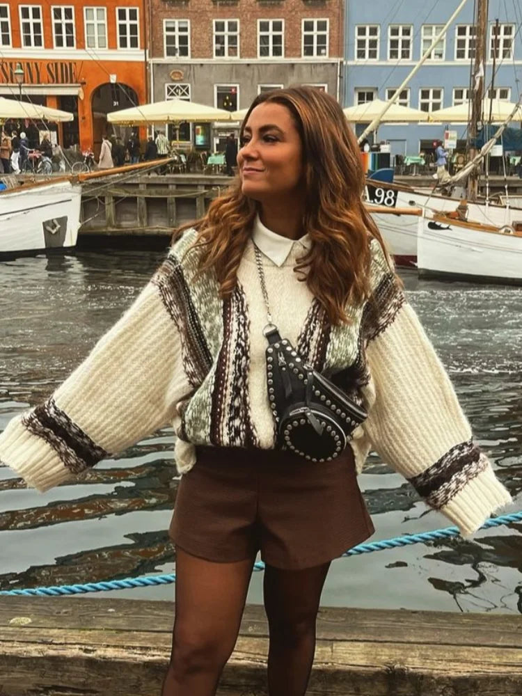 Oversized V-Neck Fair Isle Striped Button Front Knit Cardigan 2