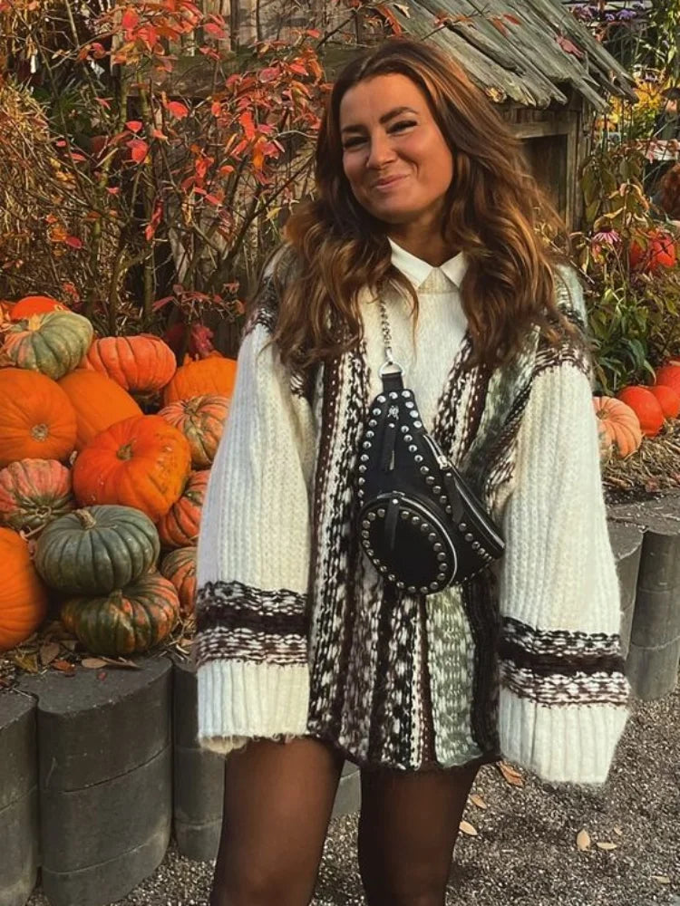 Oversized V-Neck Fair Isle Striped Button Front Knit Cardigan 3