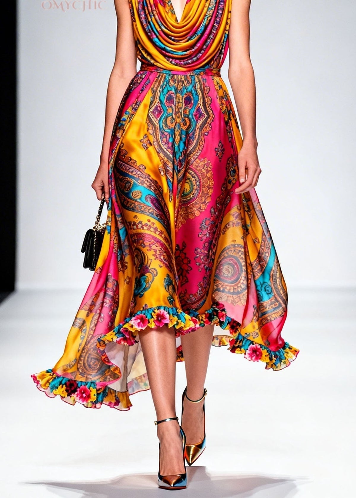 Satin Paisley Print Cowl Neck Sleeveless Ruffle Hem High Low Midi Dress 4