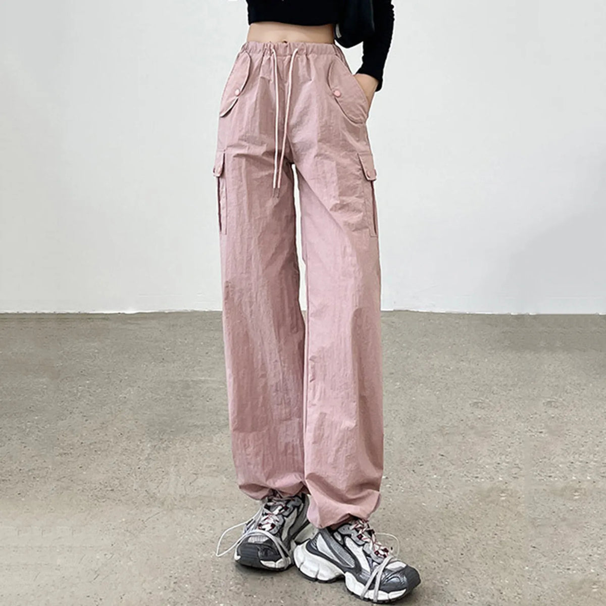 Elastic Drawstring Waist Crinkle Flap Pocket Wide Leg Cargo Pants 5