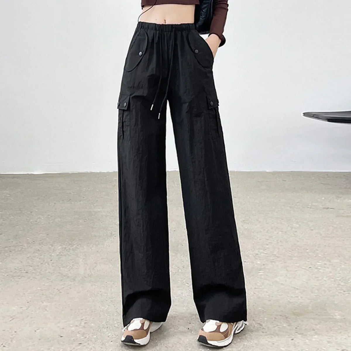 Elastic Drawstring Waist Crinkle Flap Pocket Wide Leg Cargo Pants