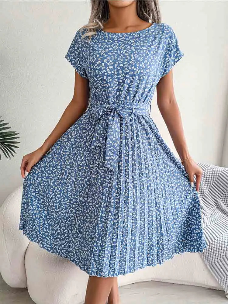 Pleated Floral ALine Midi Dress