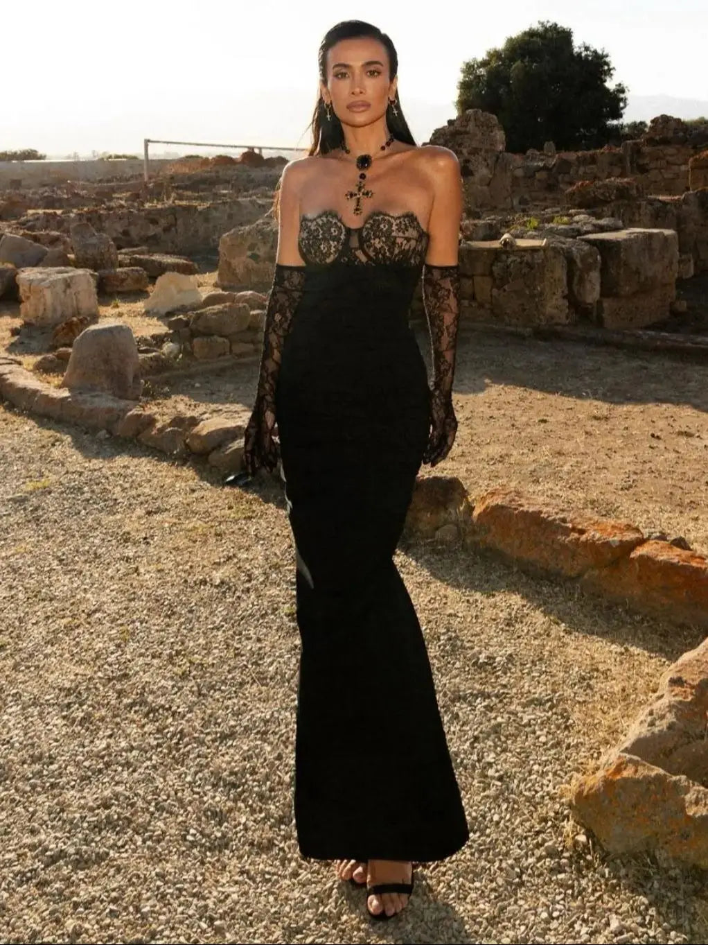 Strapless Lace Bustier Ruched Bodycon Dress with Lace Gloves 4