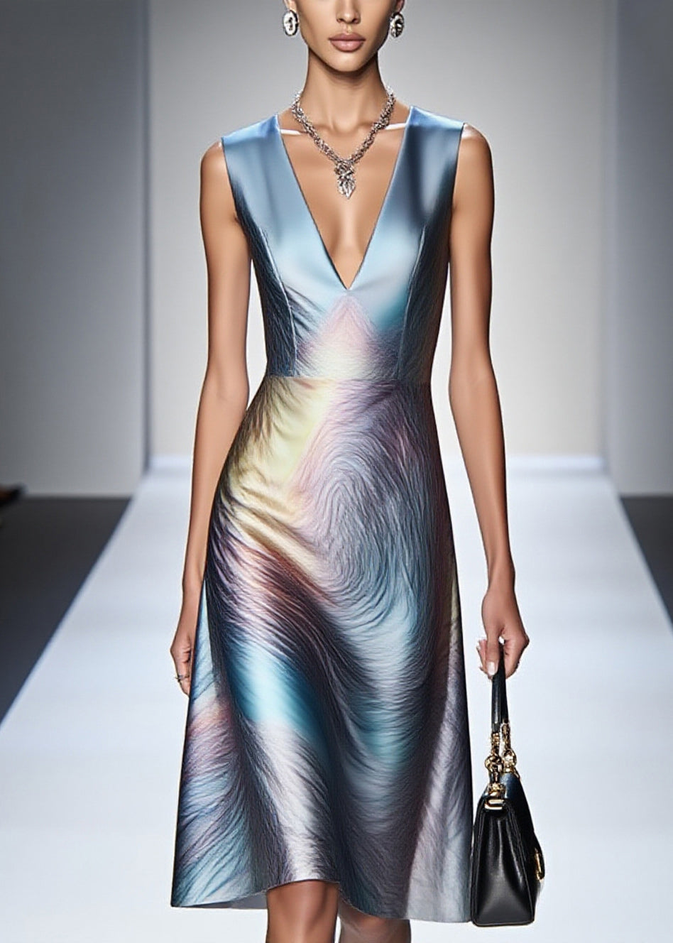 Satin Deep V-Neck Sleeveless Marble Print A-Line Midi Dress