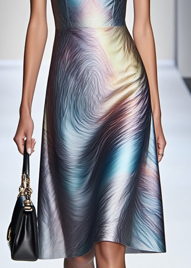 Satin Deep V-Neck Sleeveless Marble Print A-Line Midi Dress