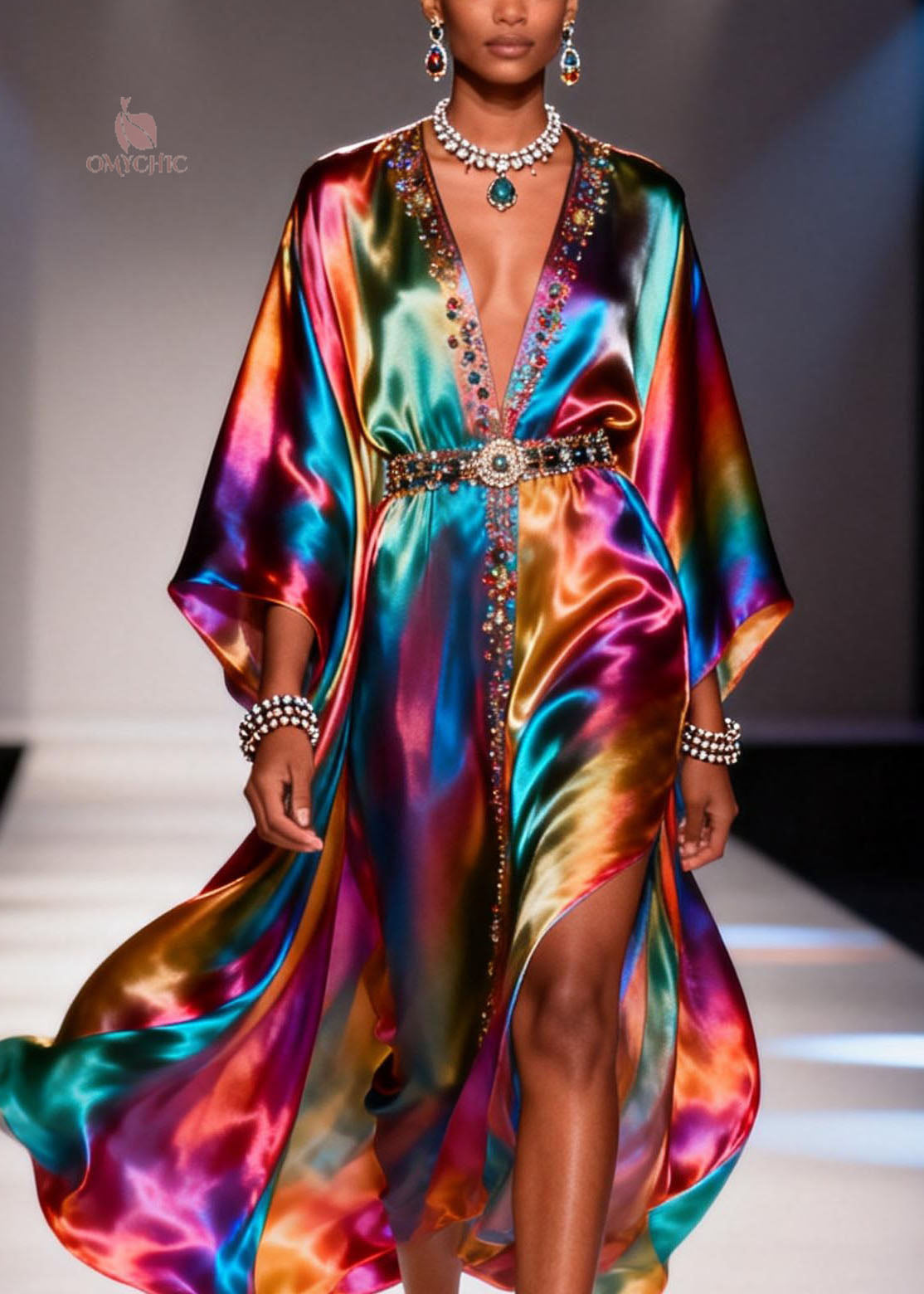 Chiffon Deep V-Neck Kimono Sleeve Beaded Belt High Split Maxi Party Gown