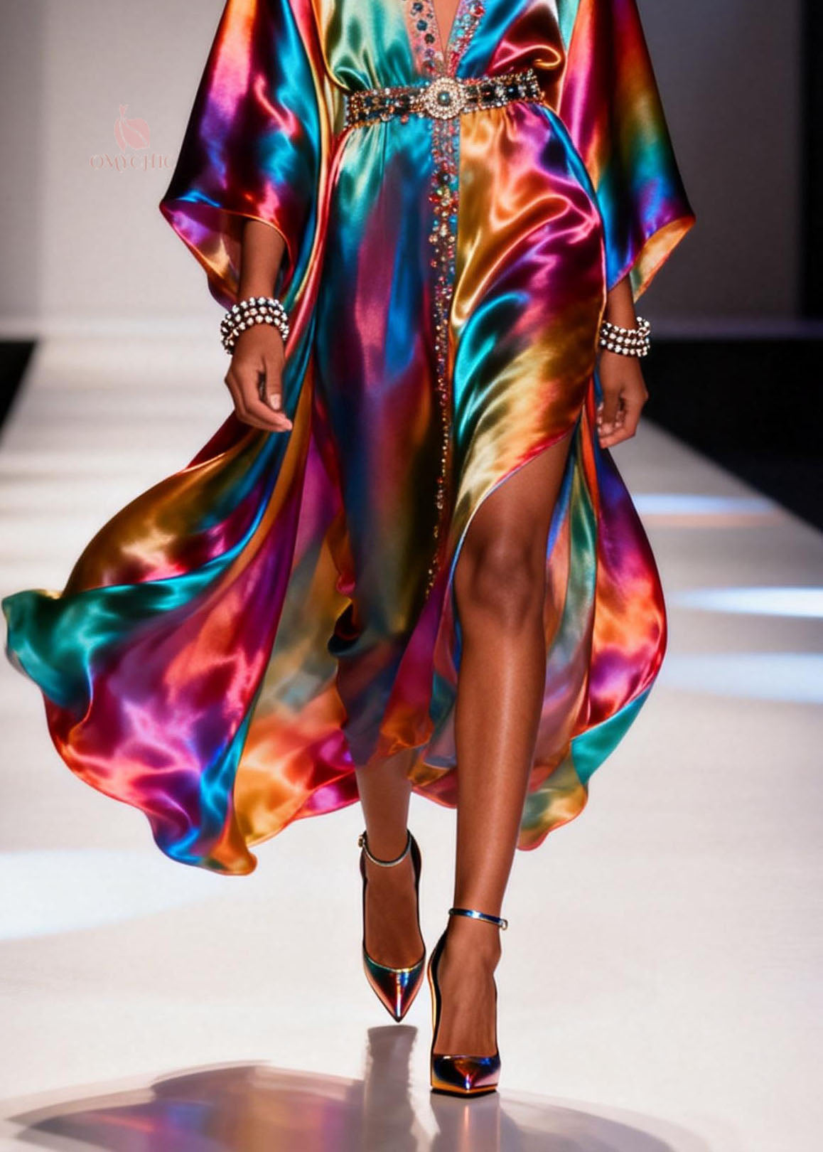 Chiffon Deep V-Neck Kimono Sleeve Beaded Belt High Split Maxi Party Gown