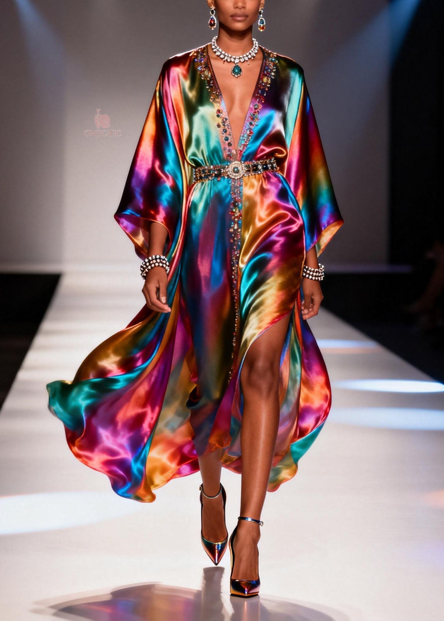 Chiffon Deep V-Neck Kimono Sleeve Beaded Belt High Split Maxi Party Gown