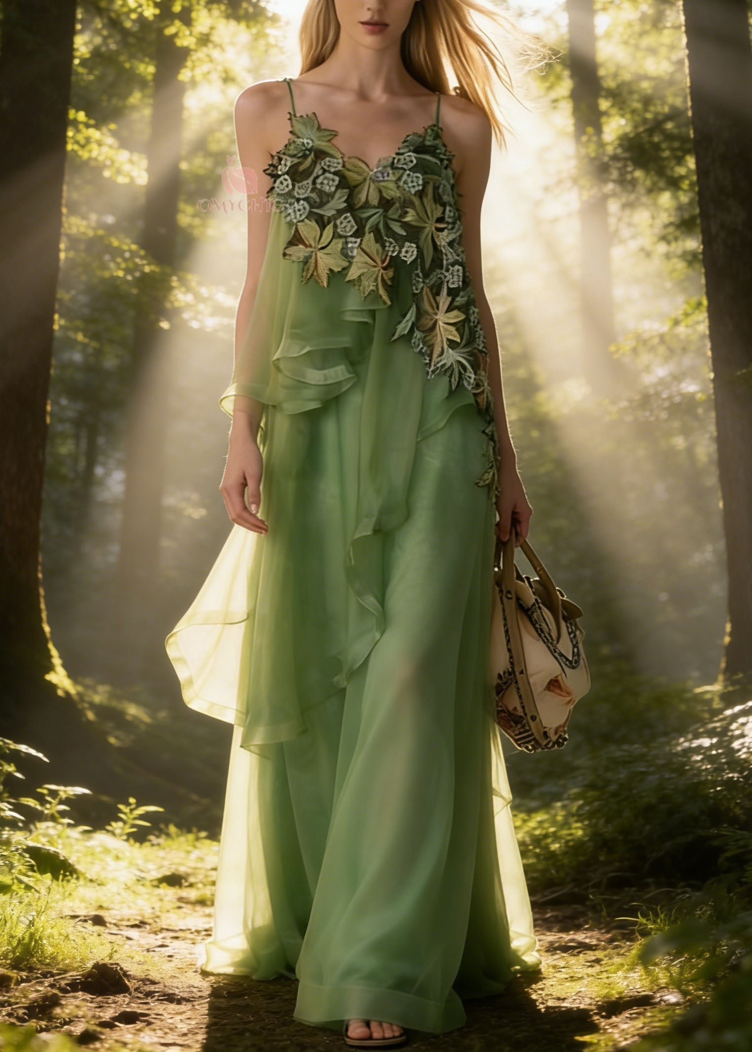 Green Asymmetrical Patchwork Tulle Spaghetti Strap Dress - View 3