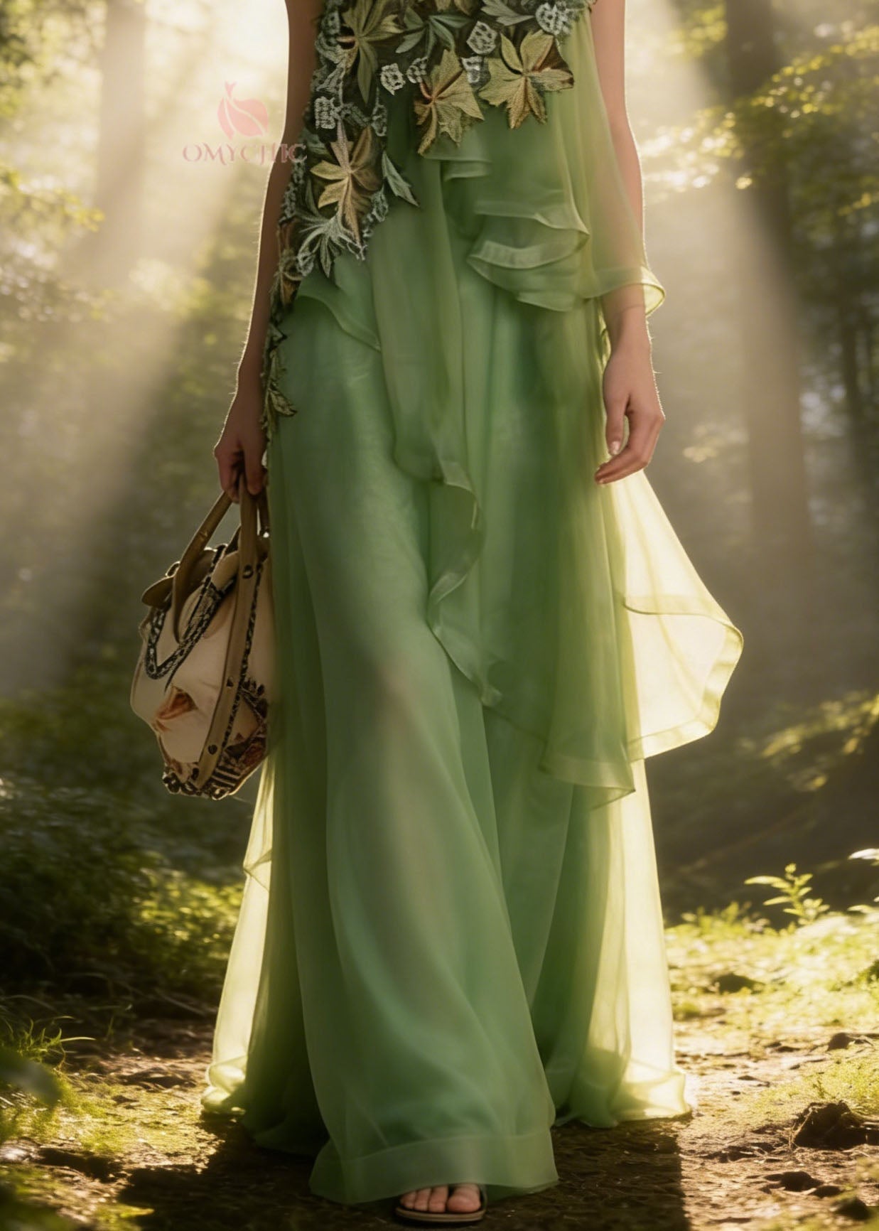 Green Asymmetrical Patchwork Tulle Spaghetti Strap Dress - View 4
