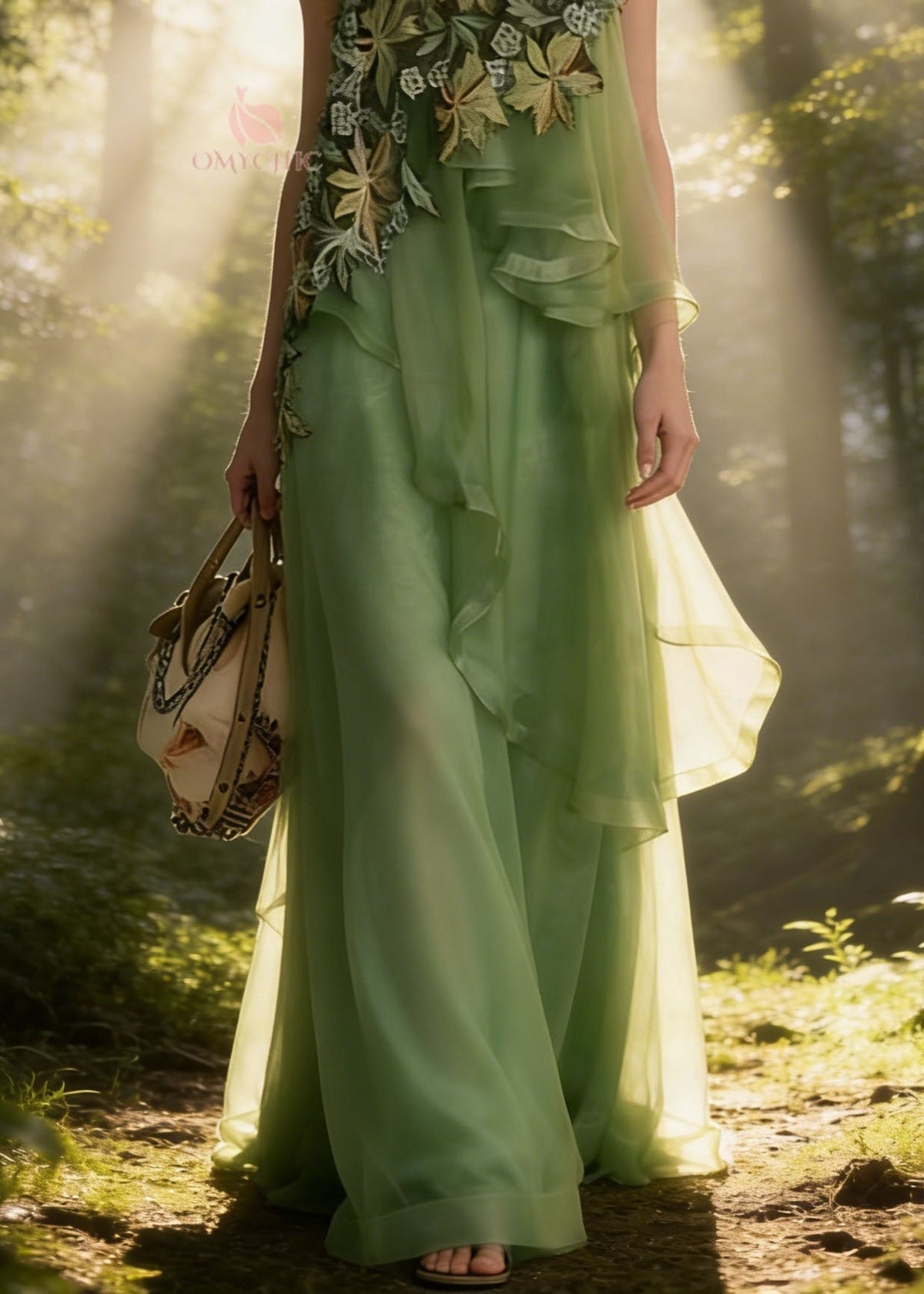 Spaghetti Strap Floral Applique Layered Tulle Asymmetric Maxi Dress 4