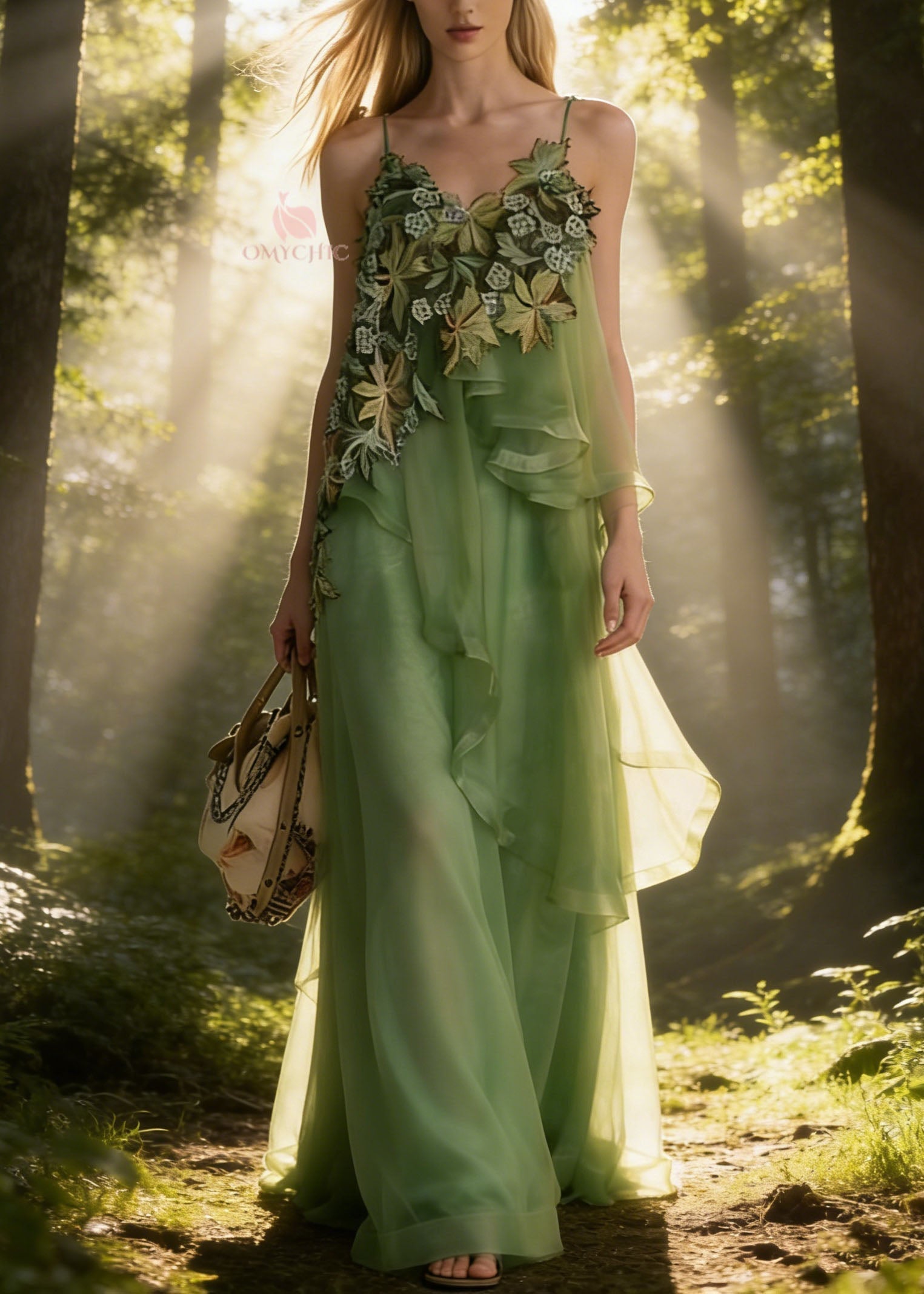 Green Asymmetrical Patchwork Tulle Spaghetti Strap Dress - View 5
