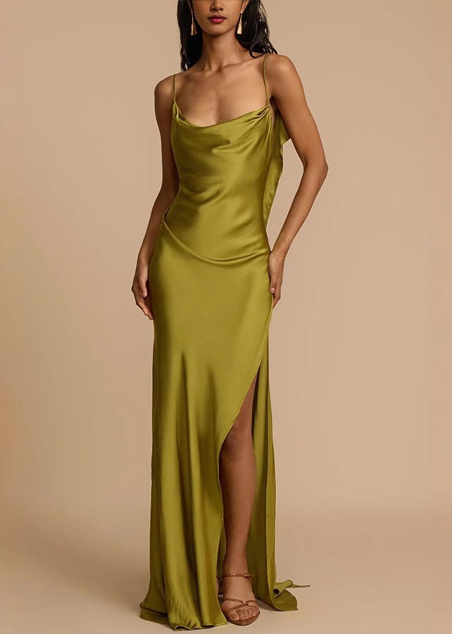 Satin Cowl Neck Spaghetti Strap High Split Bias Cut Maxi Gown