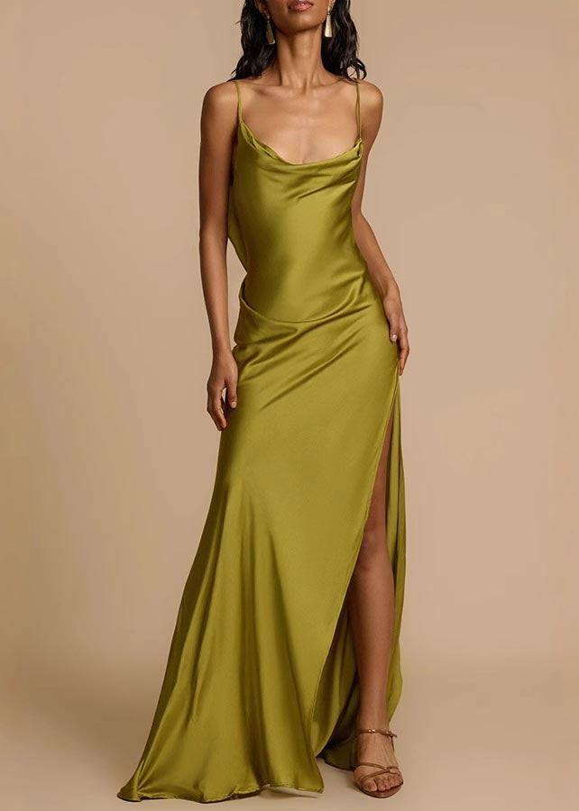 Satin Cowl Neck Spaghetti Strap High Split Bias Cut Maxi Gown