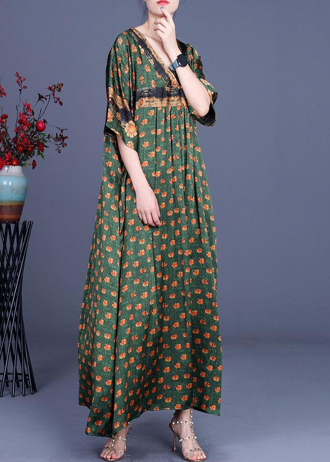 Fashion Green Dot Silk Patchwork V Neck Dress Summer