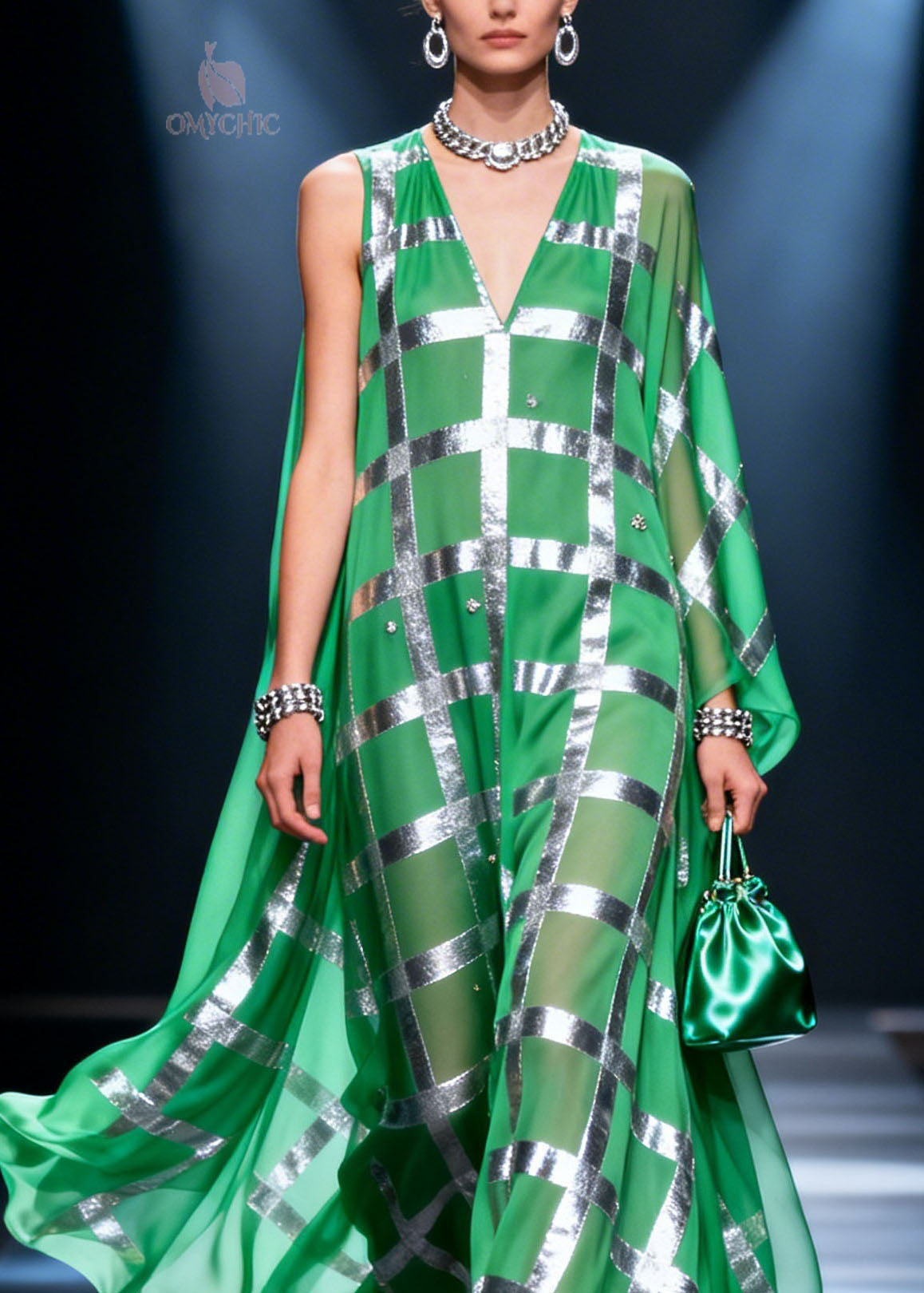 Metallic Grid Check Crystal Embellished V-Neck Sleeveless Cape Drape Maxi Gown