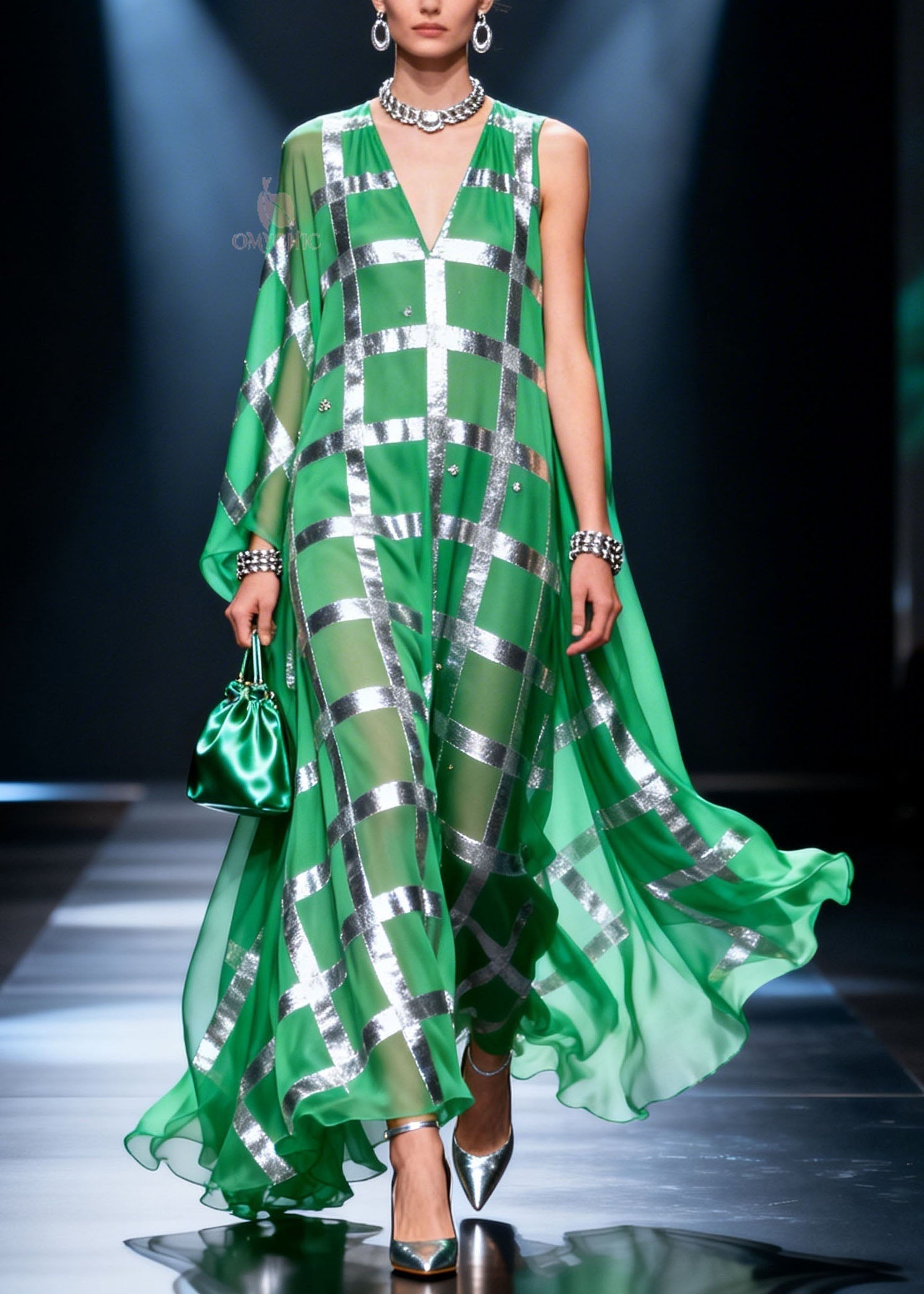 Metallic Grid Check Crystal Embellished V-Neck Sleeveless Cape Drape Maxi Gown