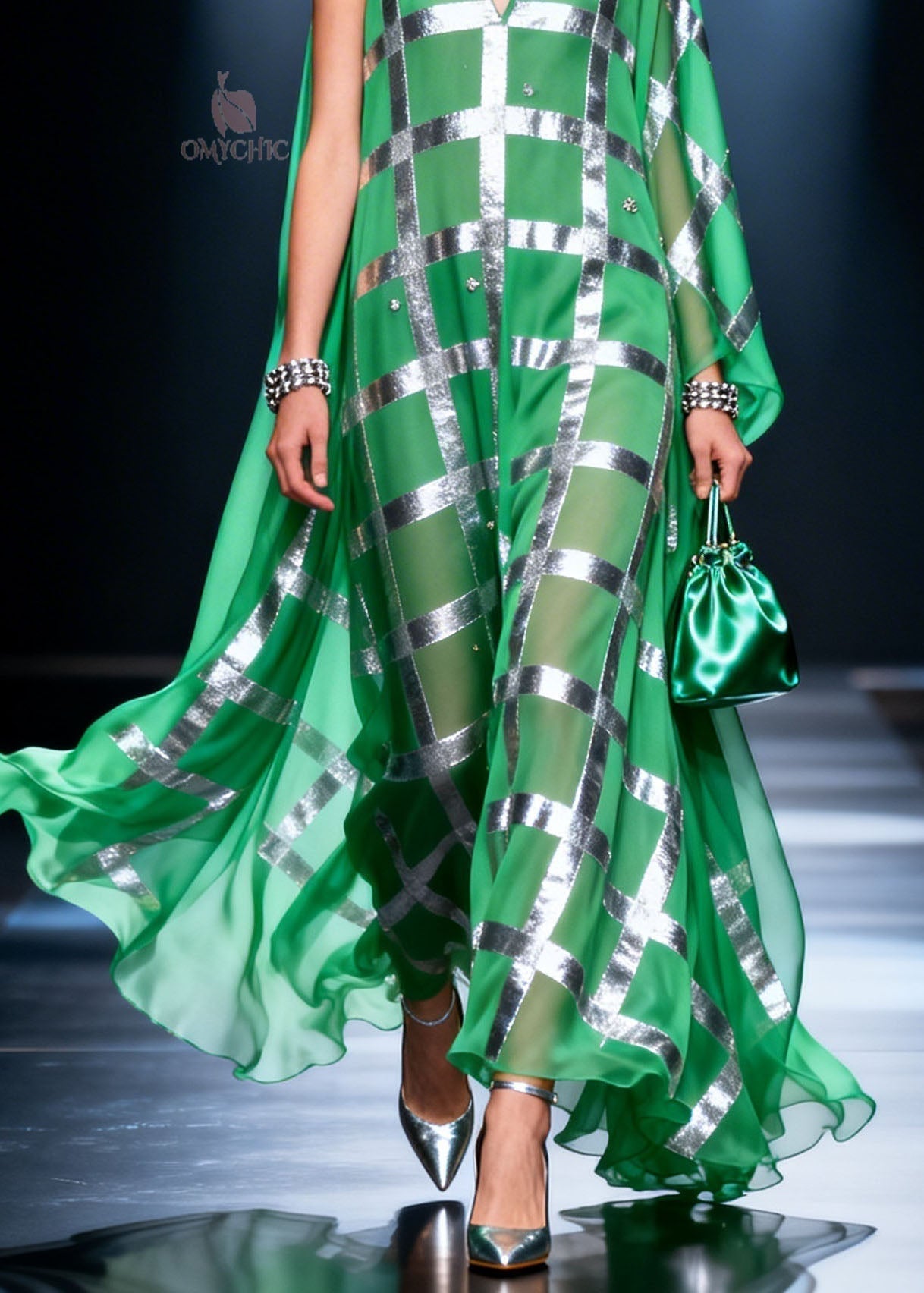 Metallic Grid Check Crystal Embellished V-Neck Sleeveless Cape Drape Maxi Gown