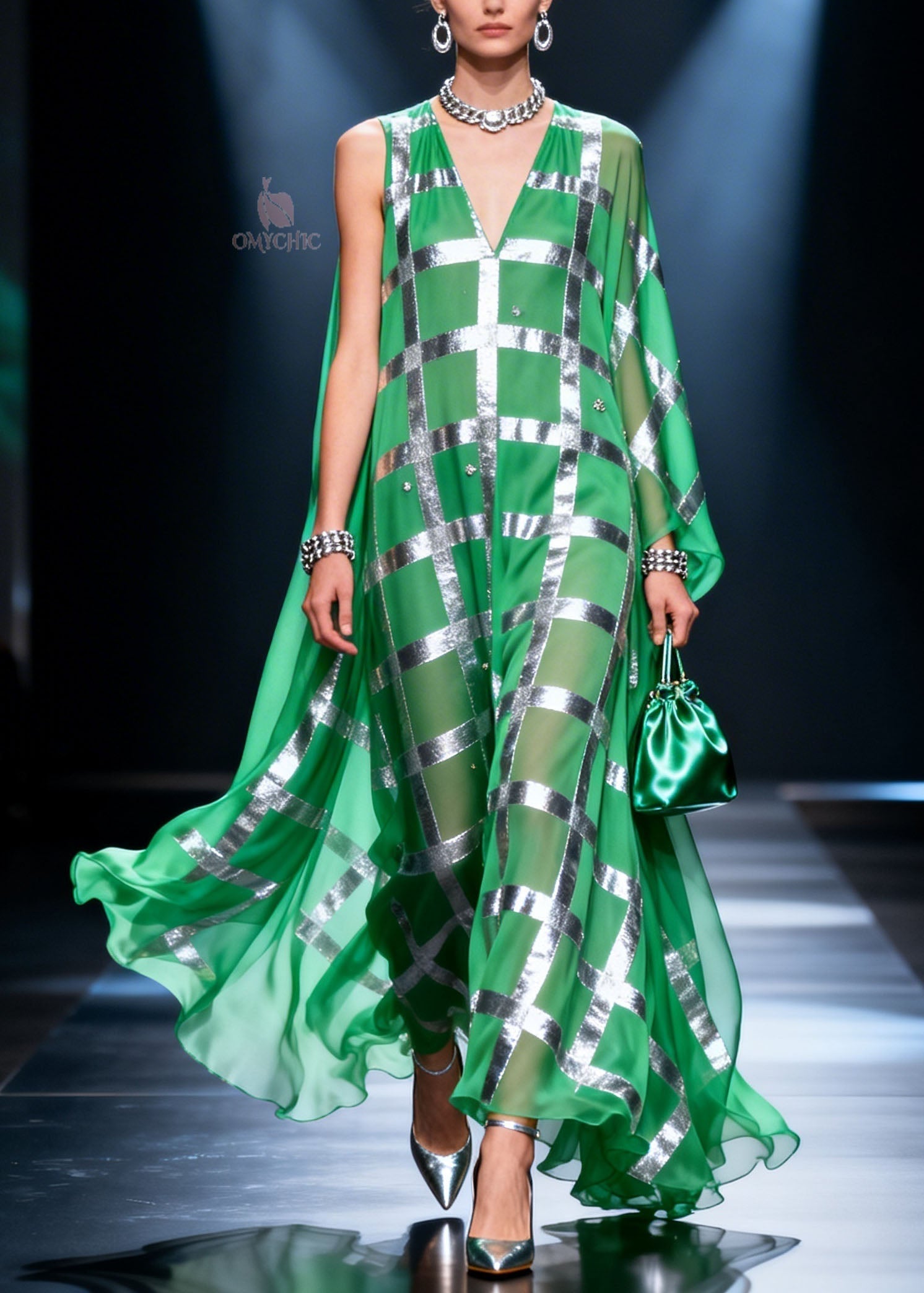 Metallic Grid Check Crystal Embellished V-Neck Sleeveless Cape Drape Maxi Gown