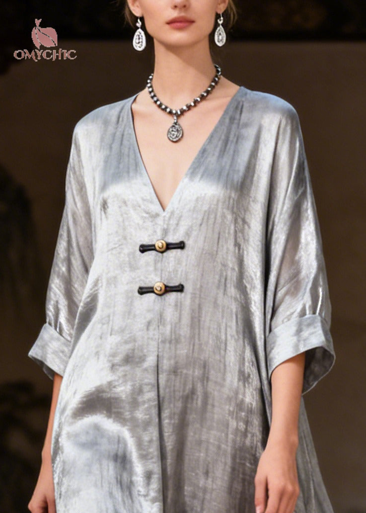 Fashion Grey Exra Large Hem Chinese Button Silk Maxi Dresses Summer