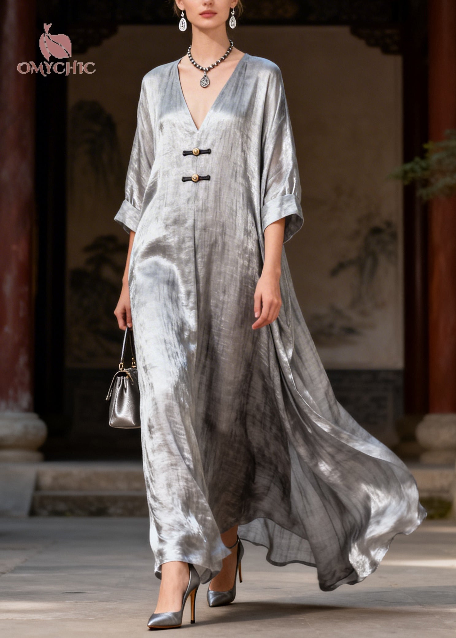 Shimmer Deep V-Neck Toggle Frog Closure Oversized Kaftan Maxi Dress