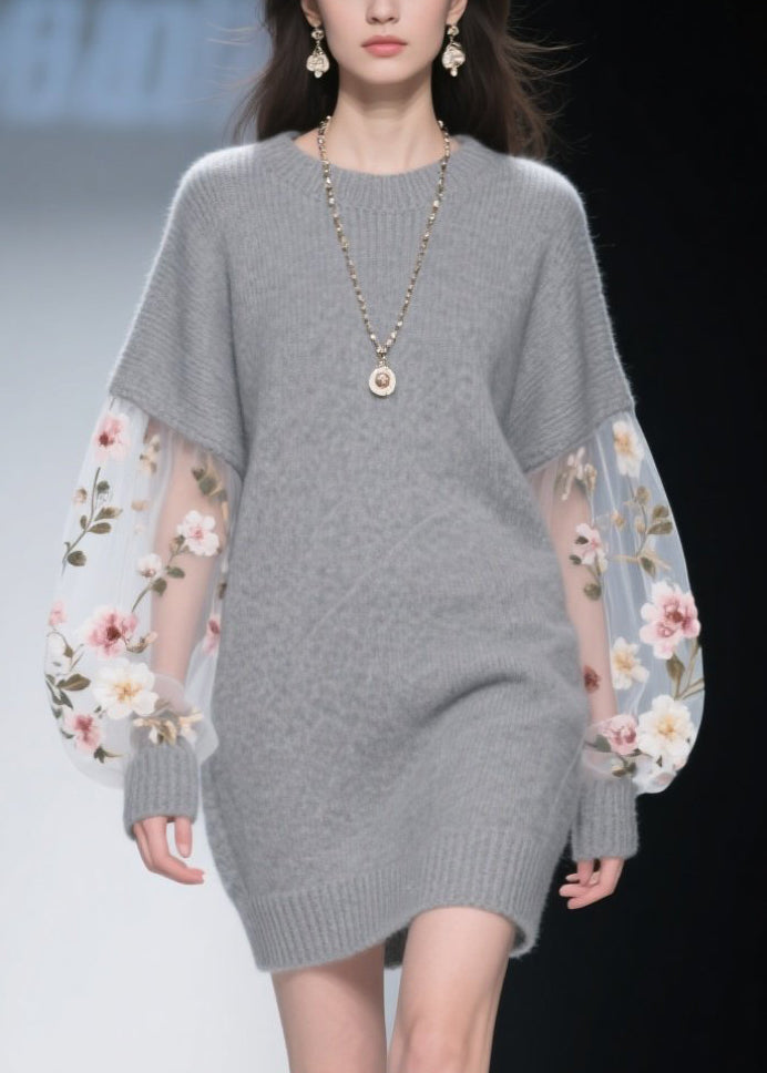 Crew Neck Floral Embroidered Mesh Lantern Sleeve Knit Sweater Mini Dress