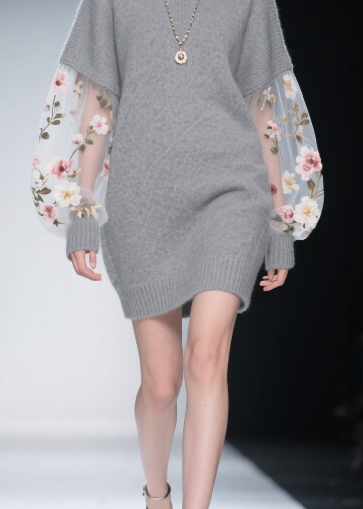 Crew Neck Floral Embroidered Mesh Lantern Sleeve Knit Sweater Mini Dress