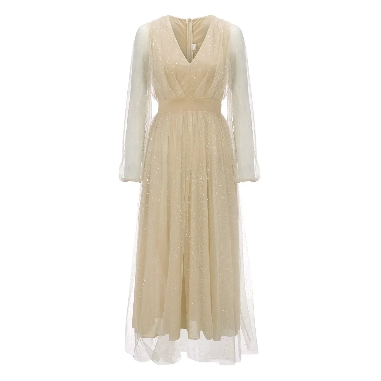Glitter Tulle Deep V-Neck Bishop Sleeve Wide Waistband A-Line Midi Dress